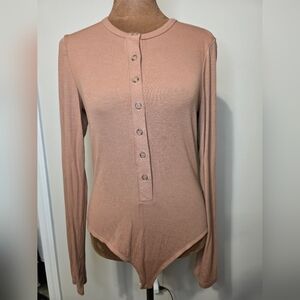 Betro Simone Tan Ribbed Henley Bodysuit – Long Sleeve Fitted One Piece –